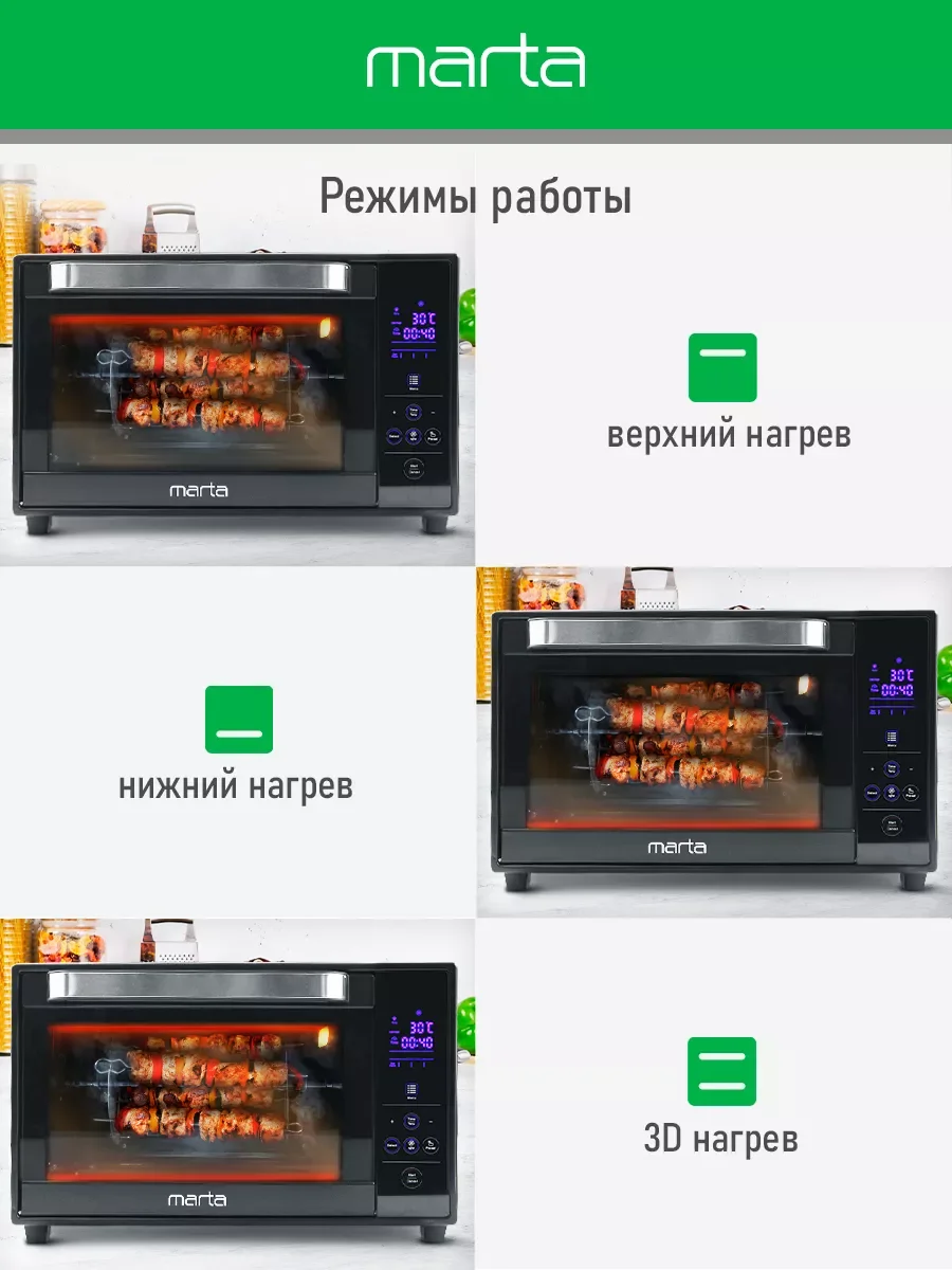 Черный мини-печь MARTA MT-EO4288A (30 литров, сенсор+конвекция+шашлычница+вертел) черный жемчуг