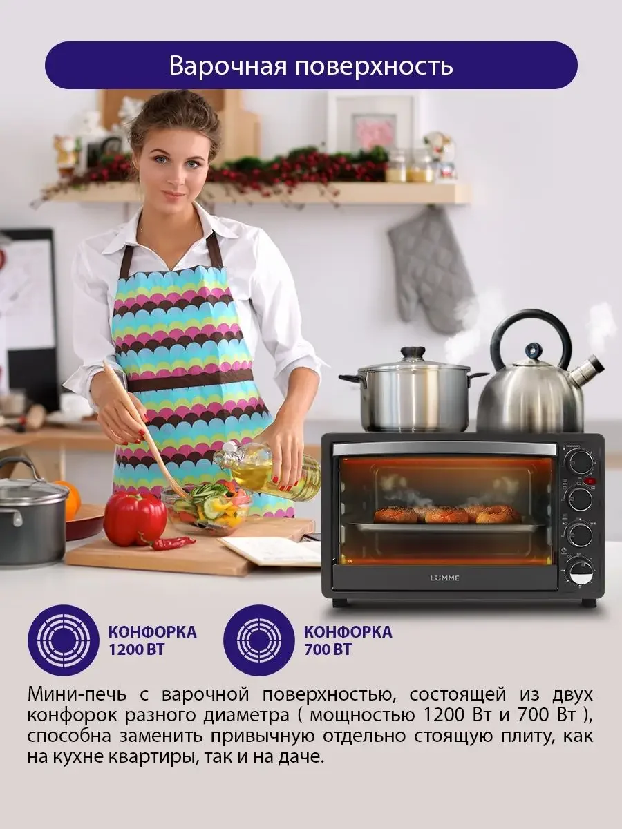 Прозрачный духовой шкаф (Мини-печь) LUMME LU-1707 (38 литров, ГРИЛЬ + ПЛИТКА) черный жемчуг