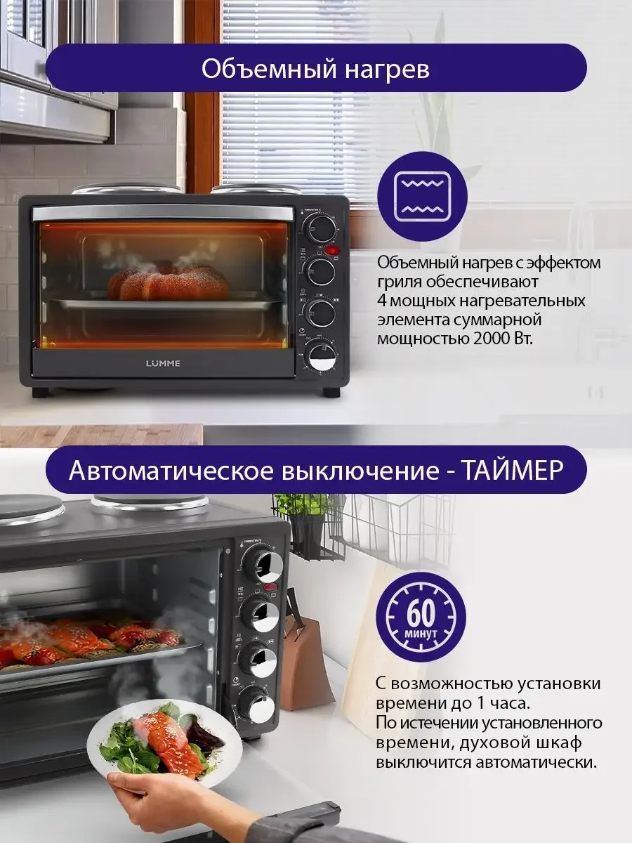 Прозрачный духовой шкаф (Мини-печь) LUMME LU-1707 (38 литров, ГРИЛЬ + ПЛИТКА) черный жемчуг