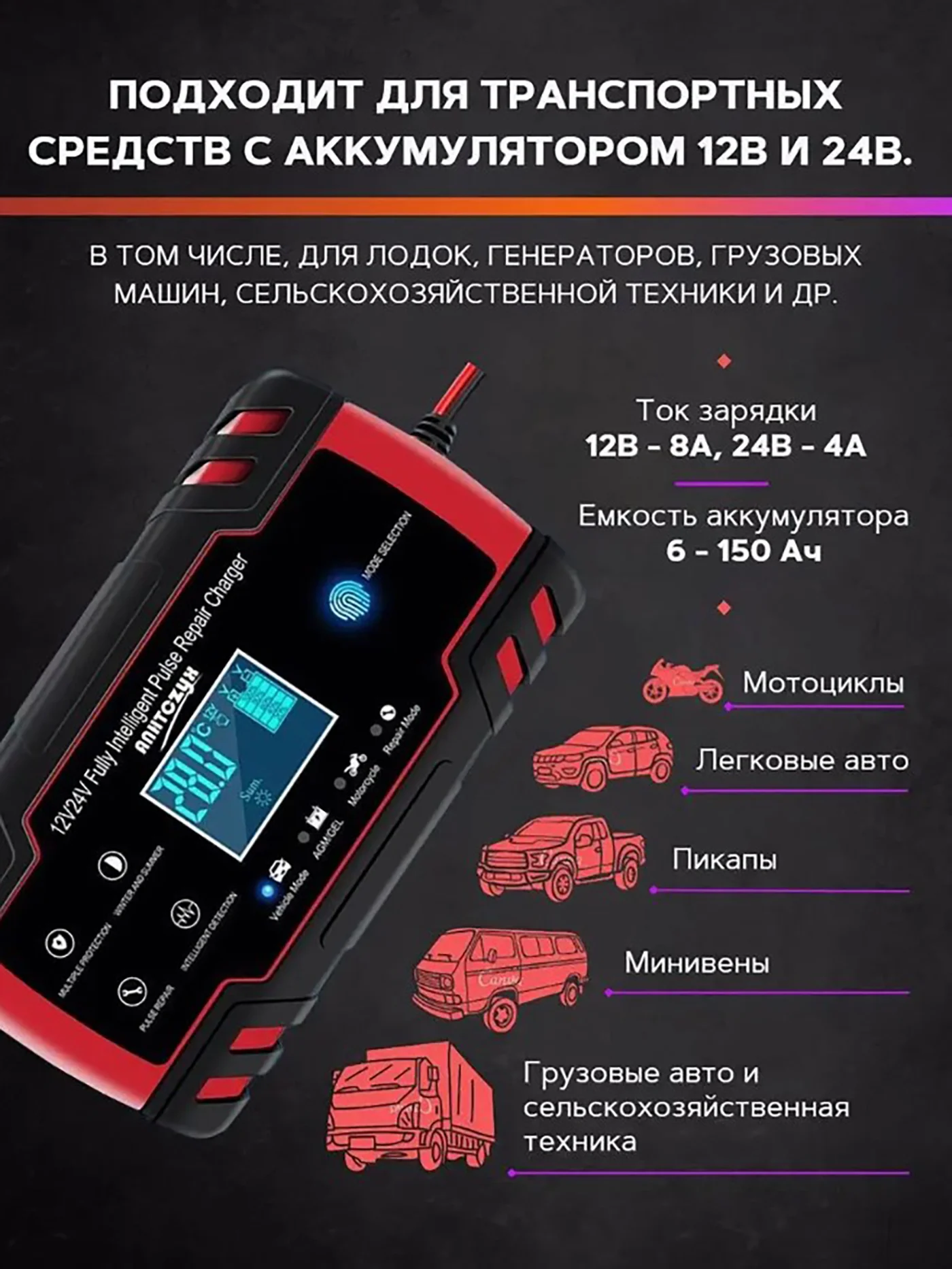 Красный автомобильное зарядное устройство на 12-24V