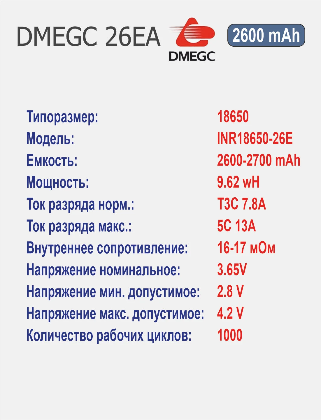 Высокотоковый аккумулятор 18650 li-ion DMEGC 26EA, 2600 mAh,, плоский плюсовой контакт