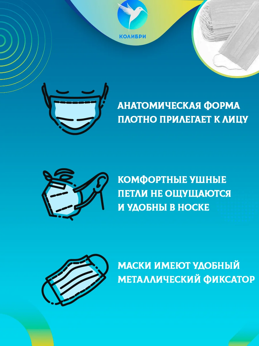 Белый маска одноразовая медицинская белая для лица защитная гигиеническая трехслойная, 50 штук