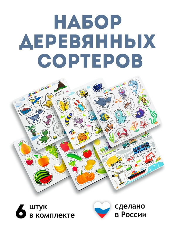 Сортеры, набор сортеров 6 штук, сортер "Животные", сортер "Транспорт", сортер "Фрукты"