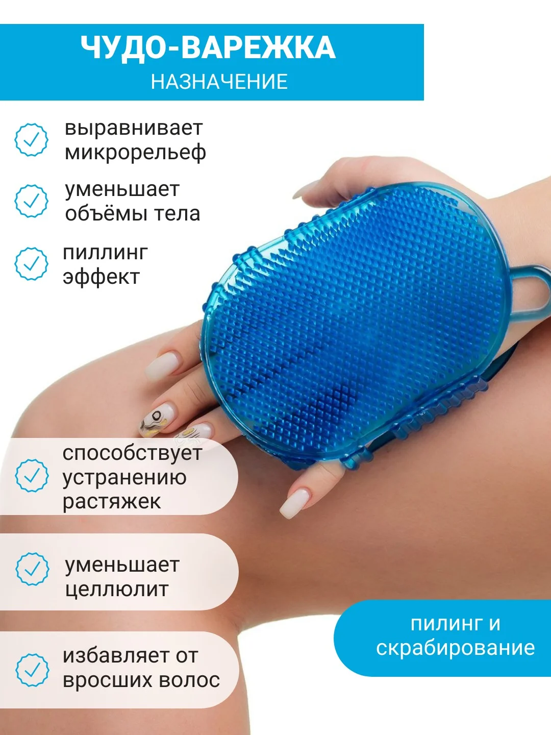 Синий мочалка  антицеллюлитная, Чудо варежка для массажа, массажер для тела ног ручной