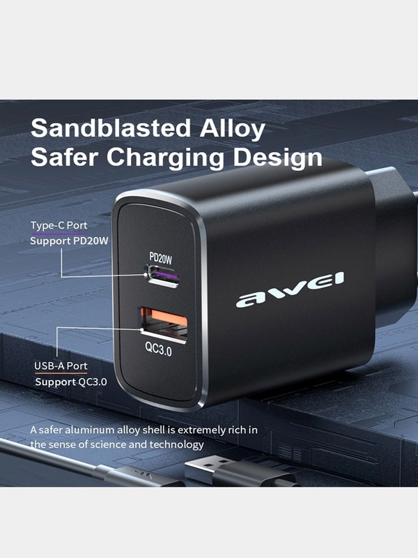 Зарядка для телефона Awei 20W Type-C + USB черный Блок питания PD7