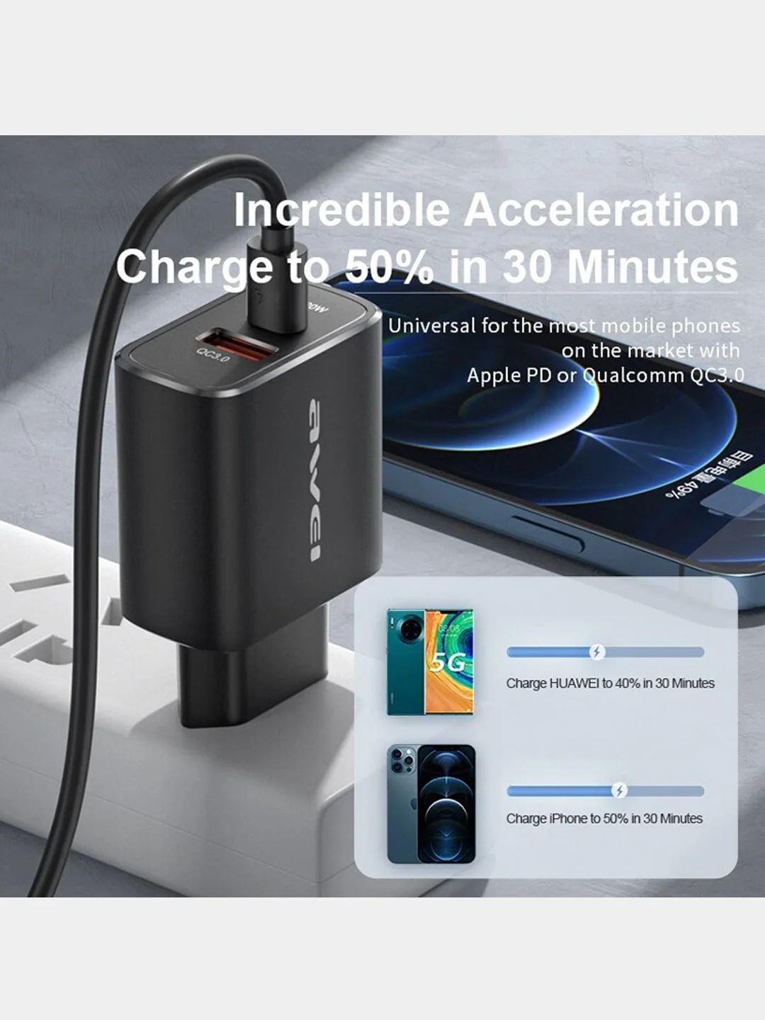 Черный зарядка для телефона Awei 20W Type-C + USB черный Блок питания PD7
