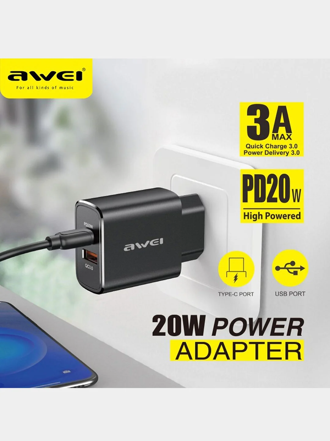Черный зарядка для телефона Awei 20W Type-C + USB черный Блок питания PD7