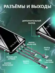 Повербанк 30000 со встроенными кабелями lightning, USB, USB Type-c, microUSB