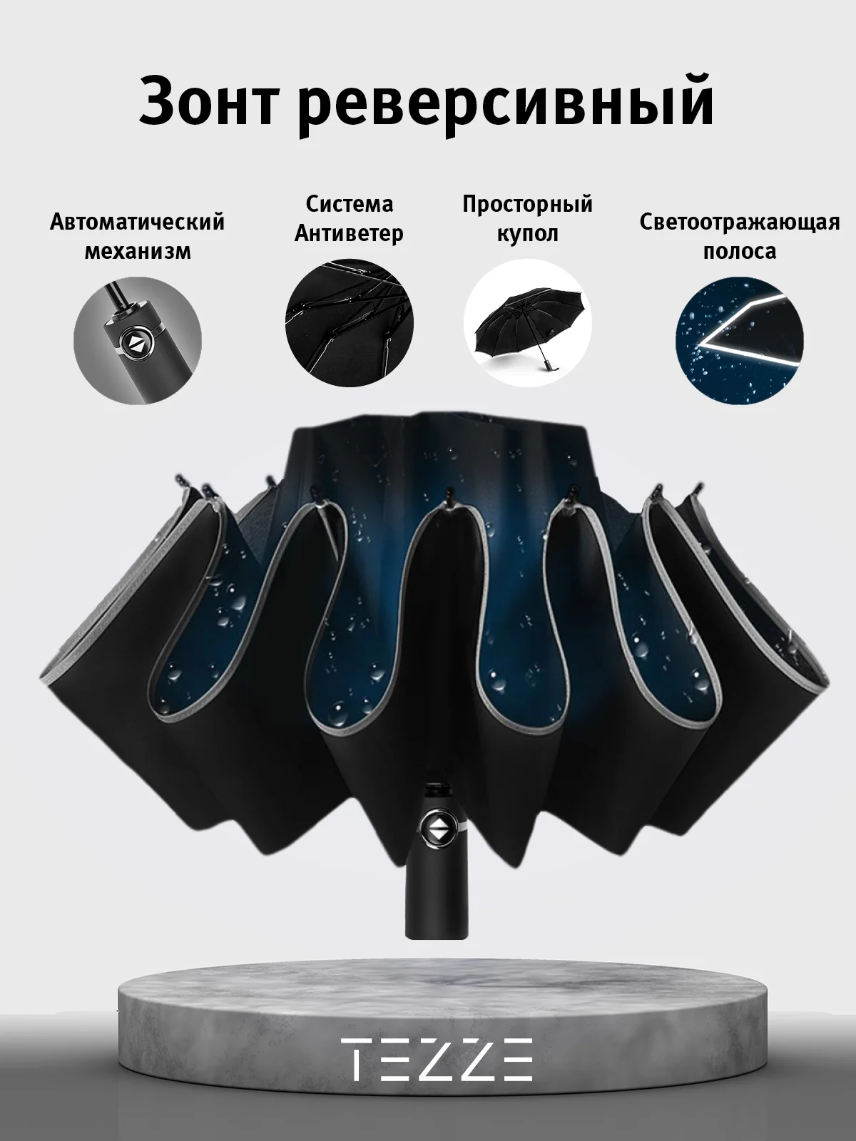 Черный зонт реверсивный