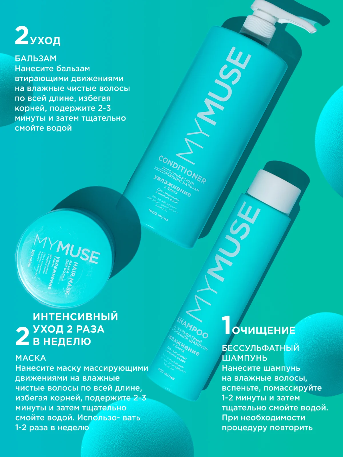 Подарочный набор MY MUSE шампунь для волос бессульфатный и бальзам увлажнение и блеск 2л