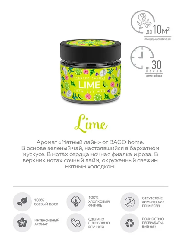 Мятный лайм BAGO home Ароматическая свеча в стекле 80 г