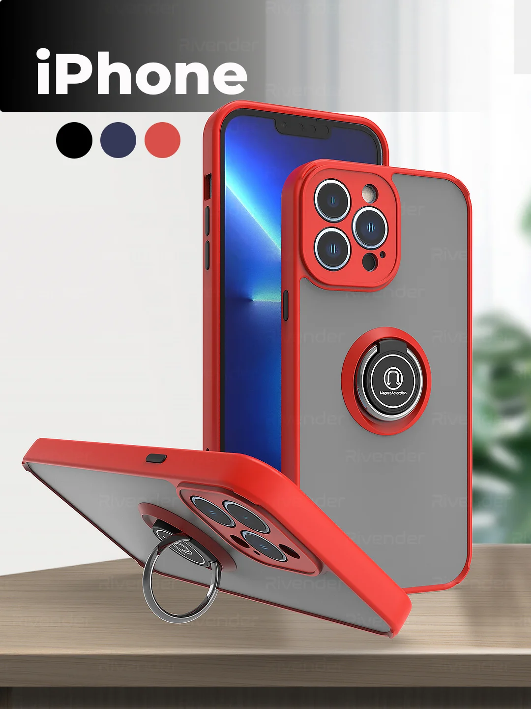 Красный чехол iPhone 16/15/14/13/12/11/Pro/Max/Plus, с металлической подставкой кольцом