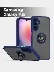 Синий чехол противоударный Samsung Galaxy A15 (Гелакси А15), с металлической подставкой кольцом