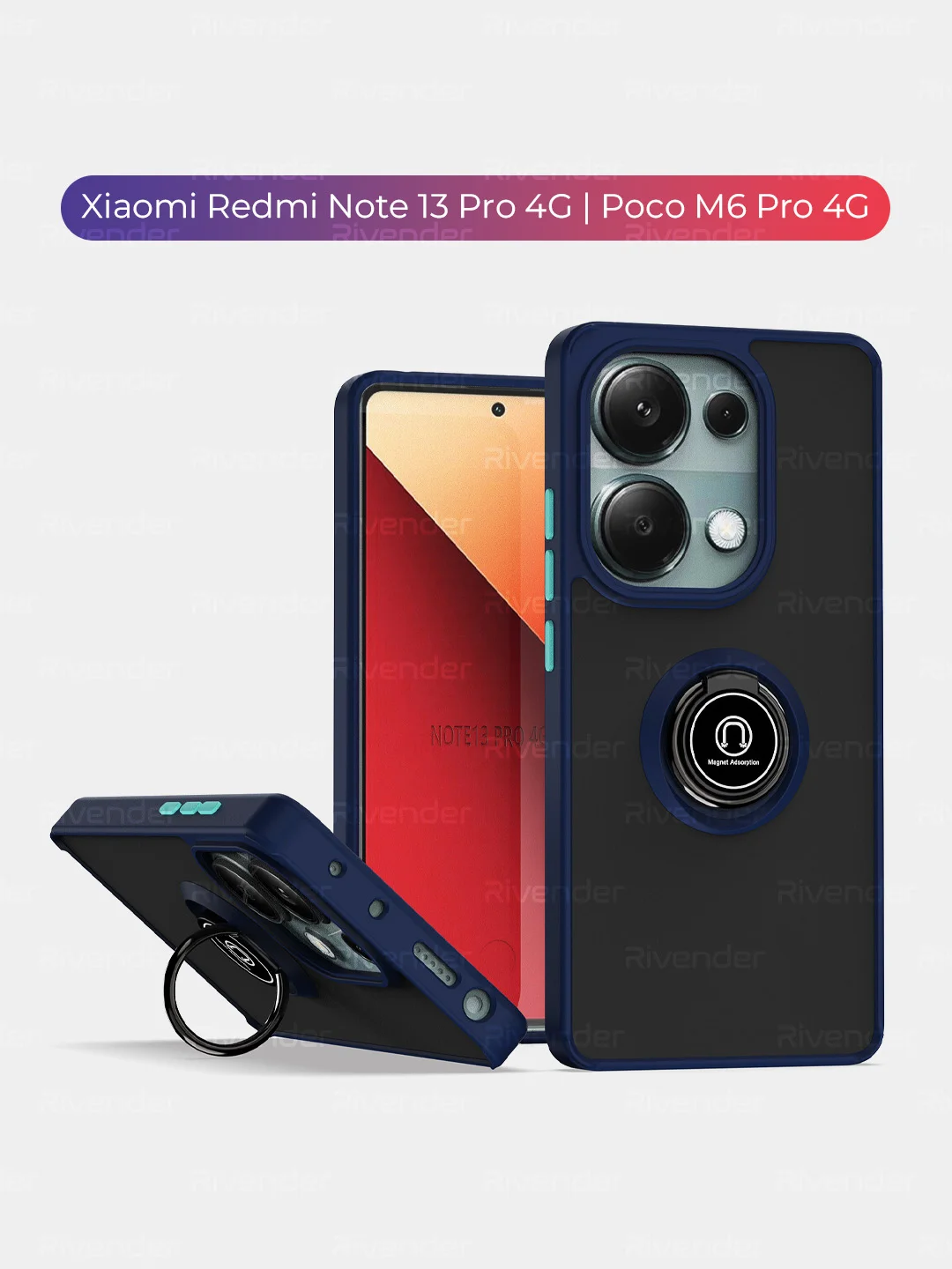 Синий чехол Xiaomi Redmi Note 13 Pro 4G / Poco M6 Pro 4G, противоударный подставкой кольцом