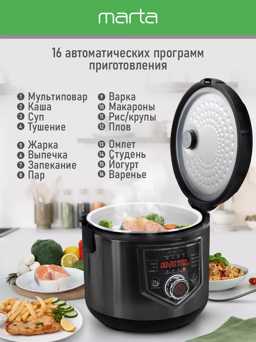 Черный мультиварка MARTA MT-MC4336A, чаша с керамическим покрытием 5л, 48 программ, МУЛЬТИПОВАР