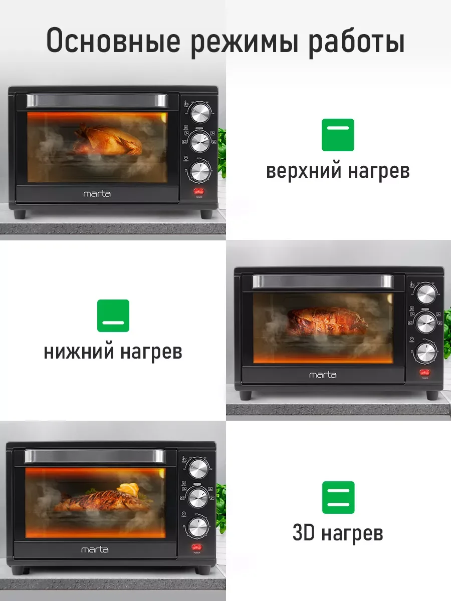 Черный духовой шкаф (Мини-печь) MARTA MT-EO4293A (32 литра, аэрогриль + конвекция) черный жемчуг