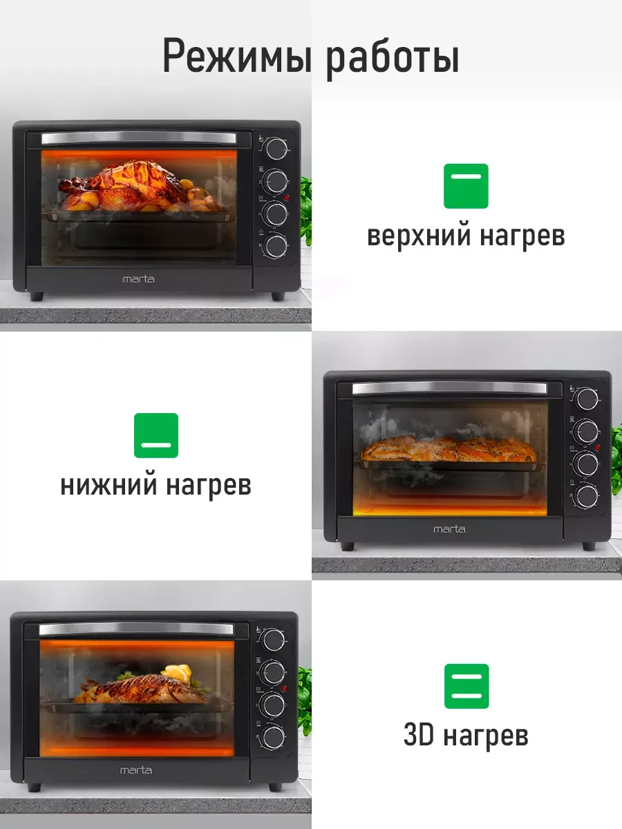 Черный мини-печь электрическая MARTA MT-EO4286A с конвекцией + вертел 50л/ ТАЙМЕР/ 2400Вт