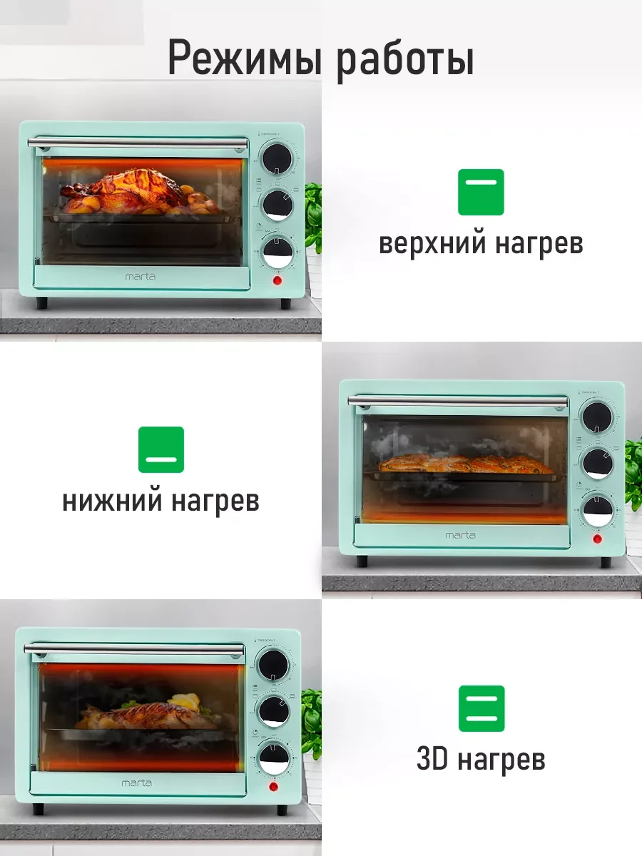 Бирюзовый духовой шкаф MARTA MT-EO4283A /1500 Вт/ Объем: 18 л/ 4 нагревательных элемента/ 3 режима