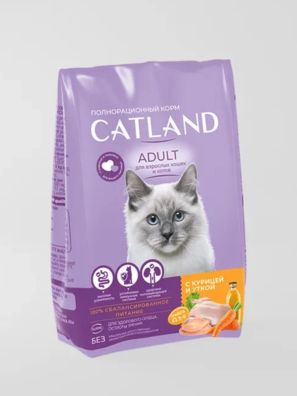 Сухой полнорационный корм "Catland" для взрослых кошек и котов с курицей и уткой