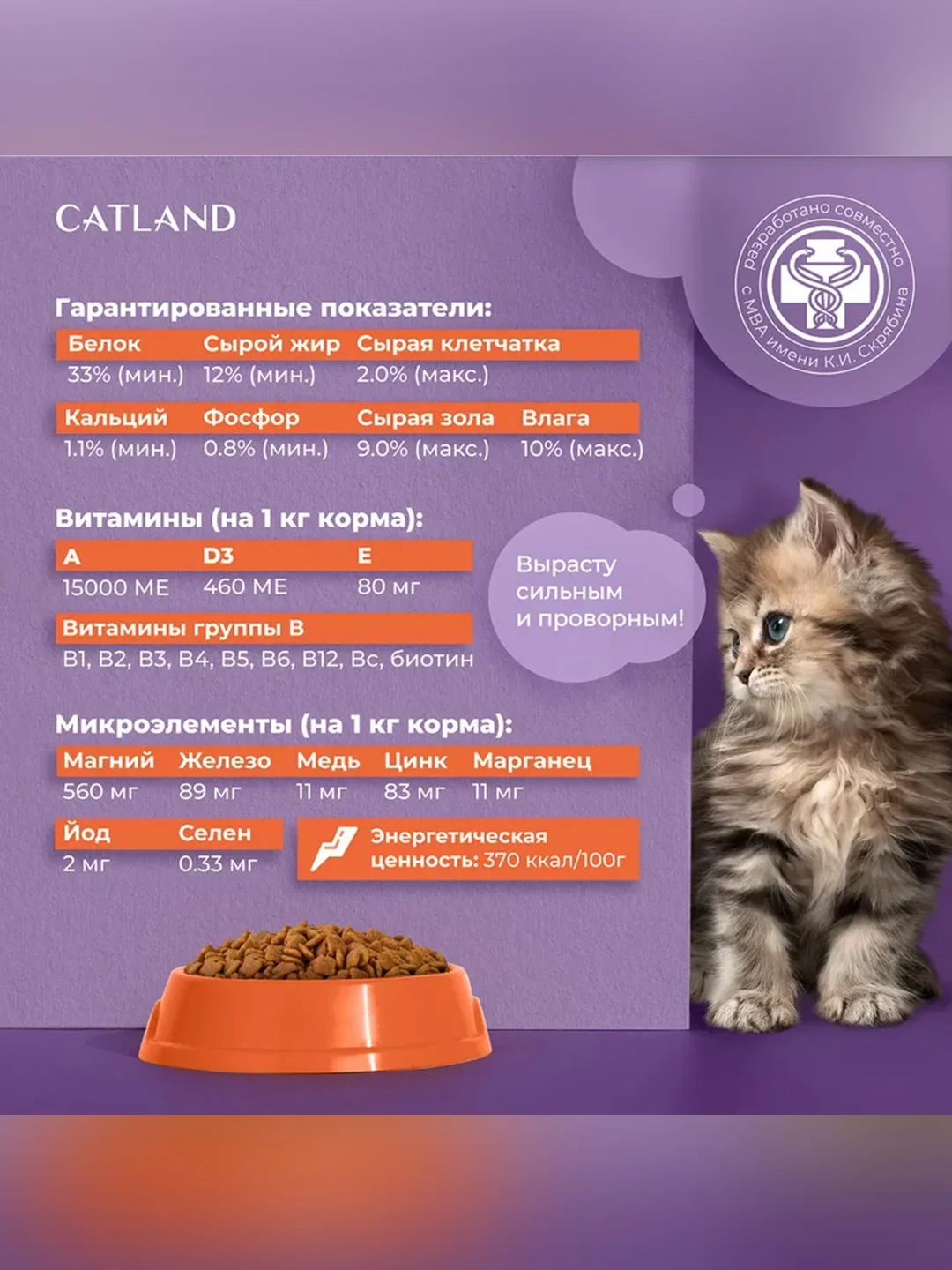 Сухой полнорационный корм "Catland" для котят до 12 месяцев с домашней курочкой