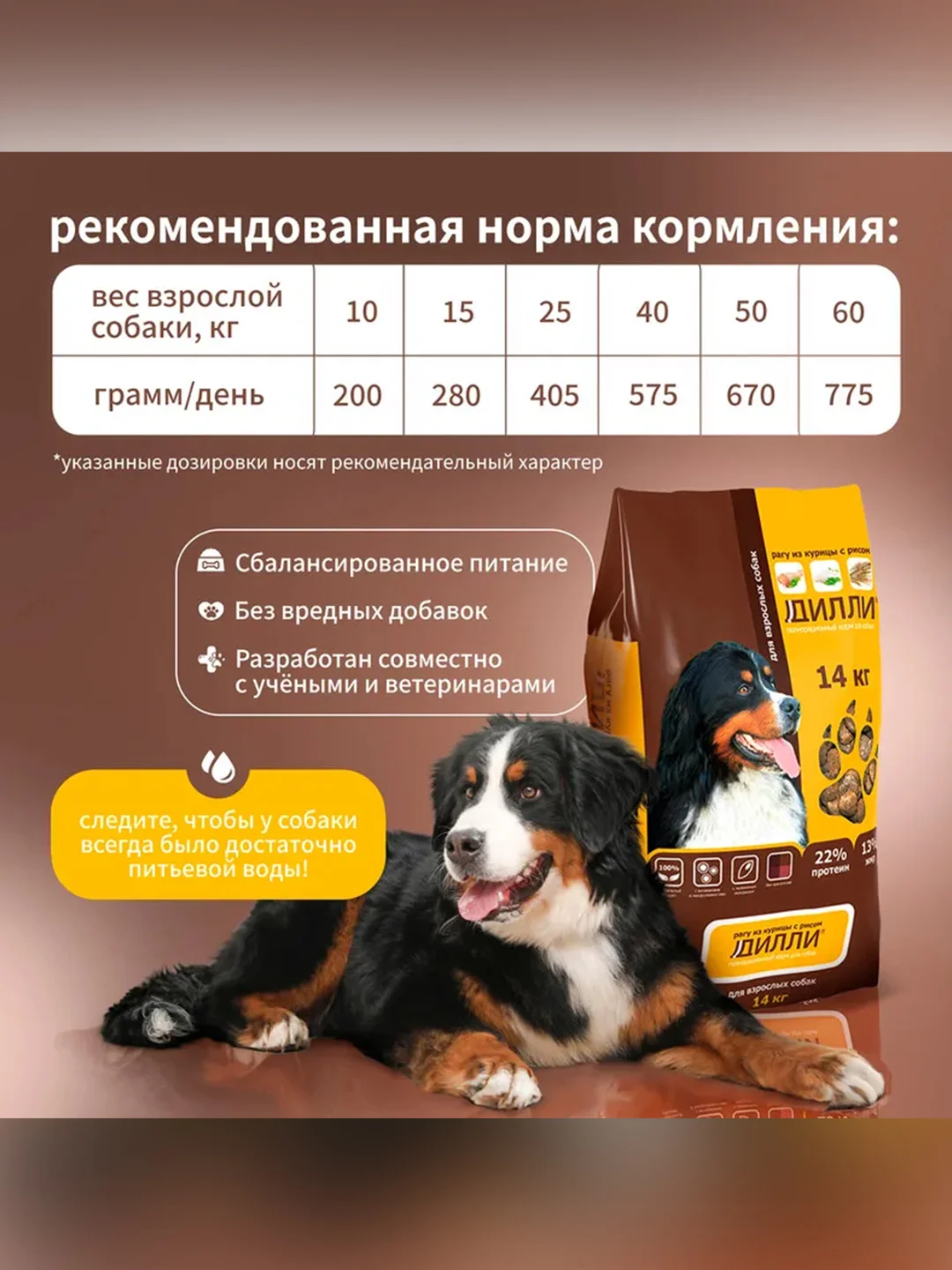 Сухой полнорационный корм для собак «Рагу из курицы с рисом»ТМ «Дилли».