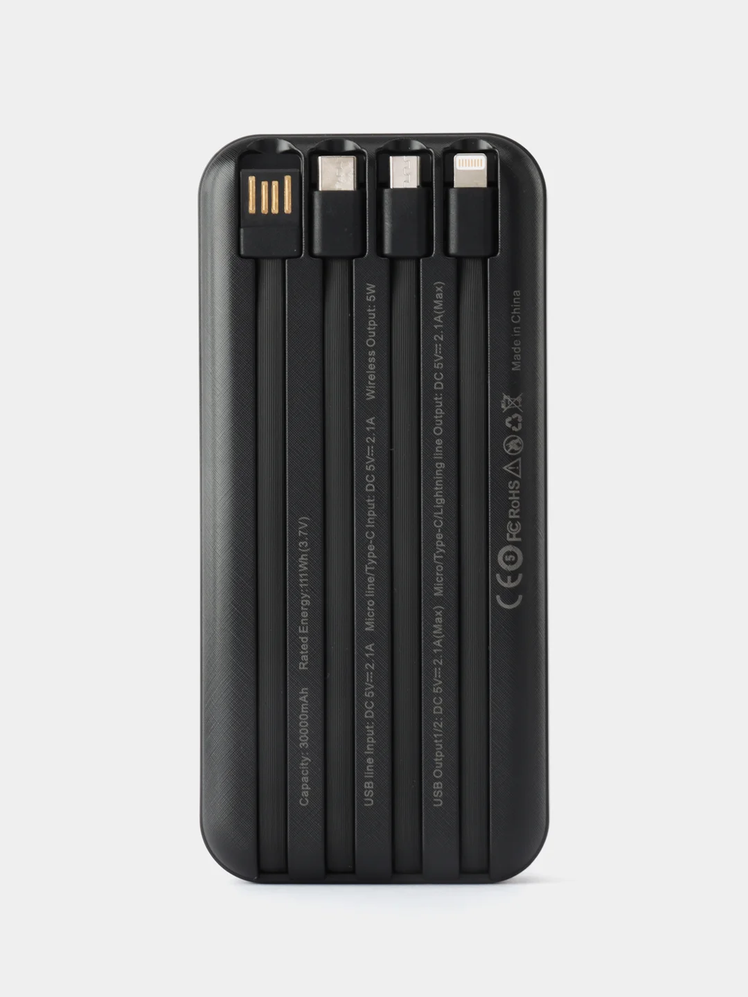 Внешний аккумулятор Power Bank с беспроводной зарядкой и встроенными кабелями