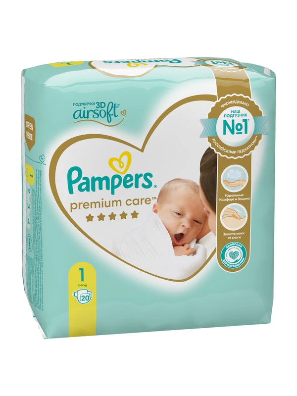 Подгузники Pampers Premium Care для новорожденных 2-5 кг, размер 1, 20 штук