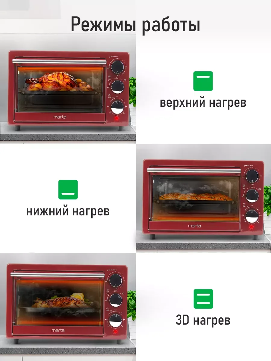 Красный духовой шкаф MARTA MT-EO4283A /1500 Вт/Объем: 18 л/4 нагревательных элемента/3 режима