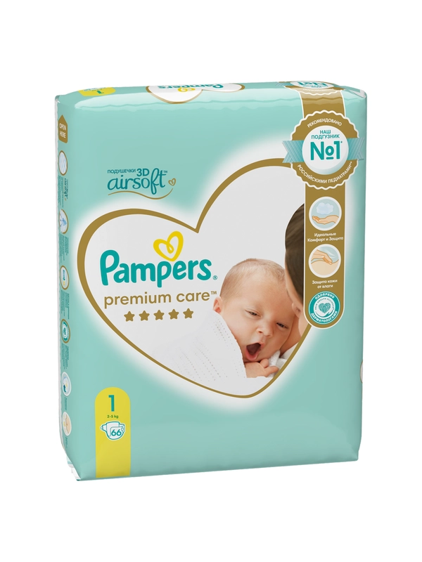 Подгузники Pampers Premium Care для новорожденных 2-5 кг, размер 1, 66 штук