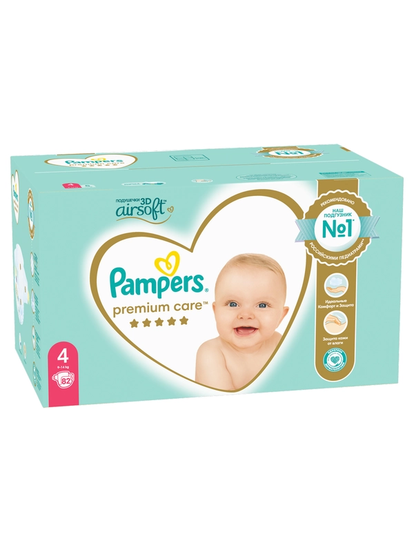 Подгузники Pampers Premium Care макси 9-14 кг, размер 4, 82 штуки