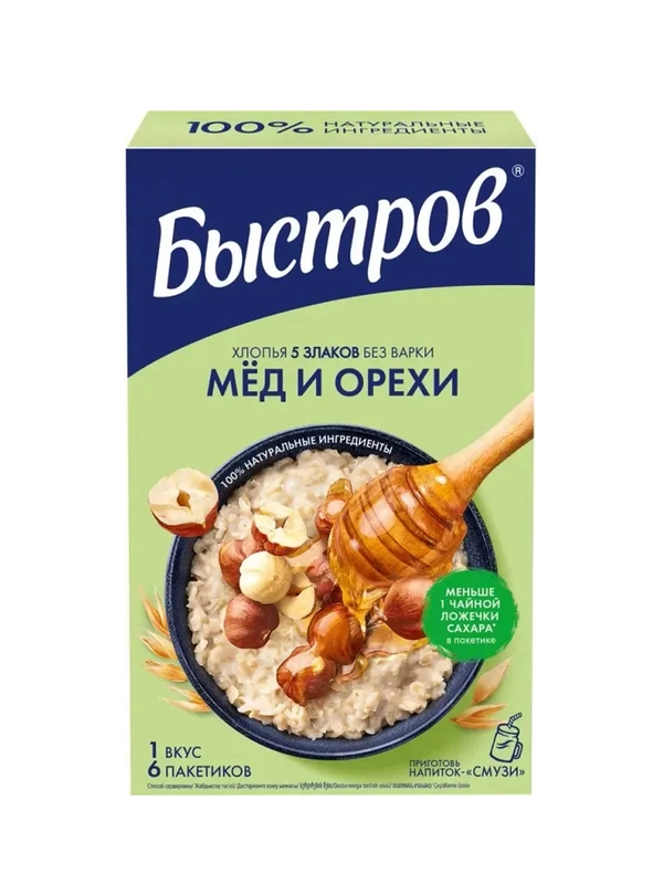 Каша быстрого приготовления Быстров "5 злаков", с медом и орехами, 6 штук по 40 г