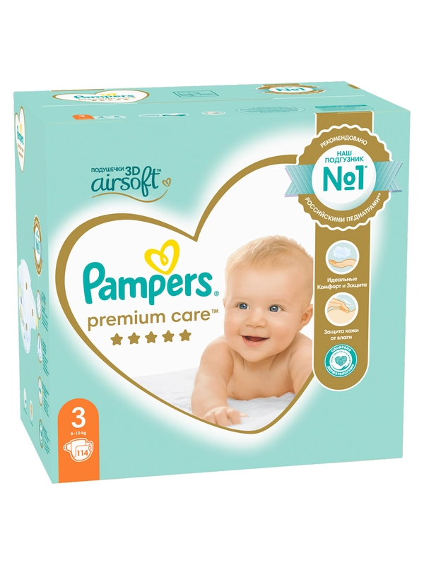 Подгузники Pampers Premium миди 6-10 кг, размер 3, 114 штук