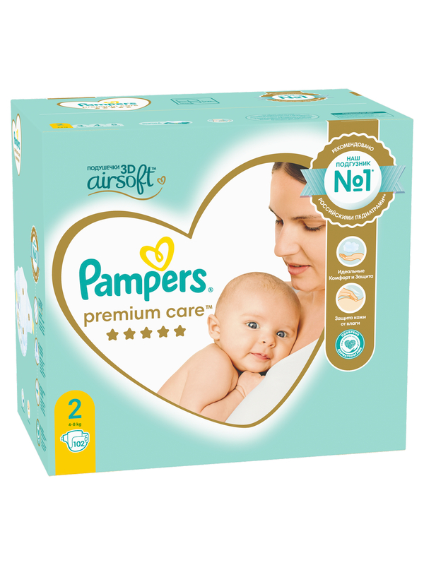 Подгузники Pampers Premium Care, размер 2, 102 штуки, 4-8 кг