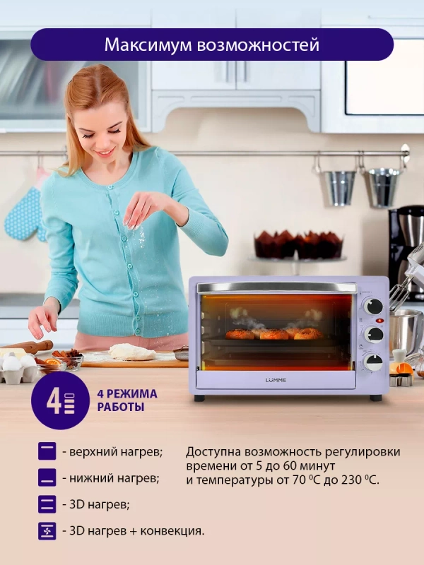 Духовой шкаф LUMME LU-1709 33 литра/ КОНВЕКЦИЯ + ГРИЛЬ, лиловый аметист