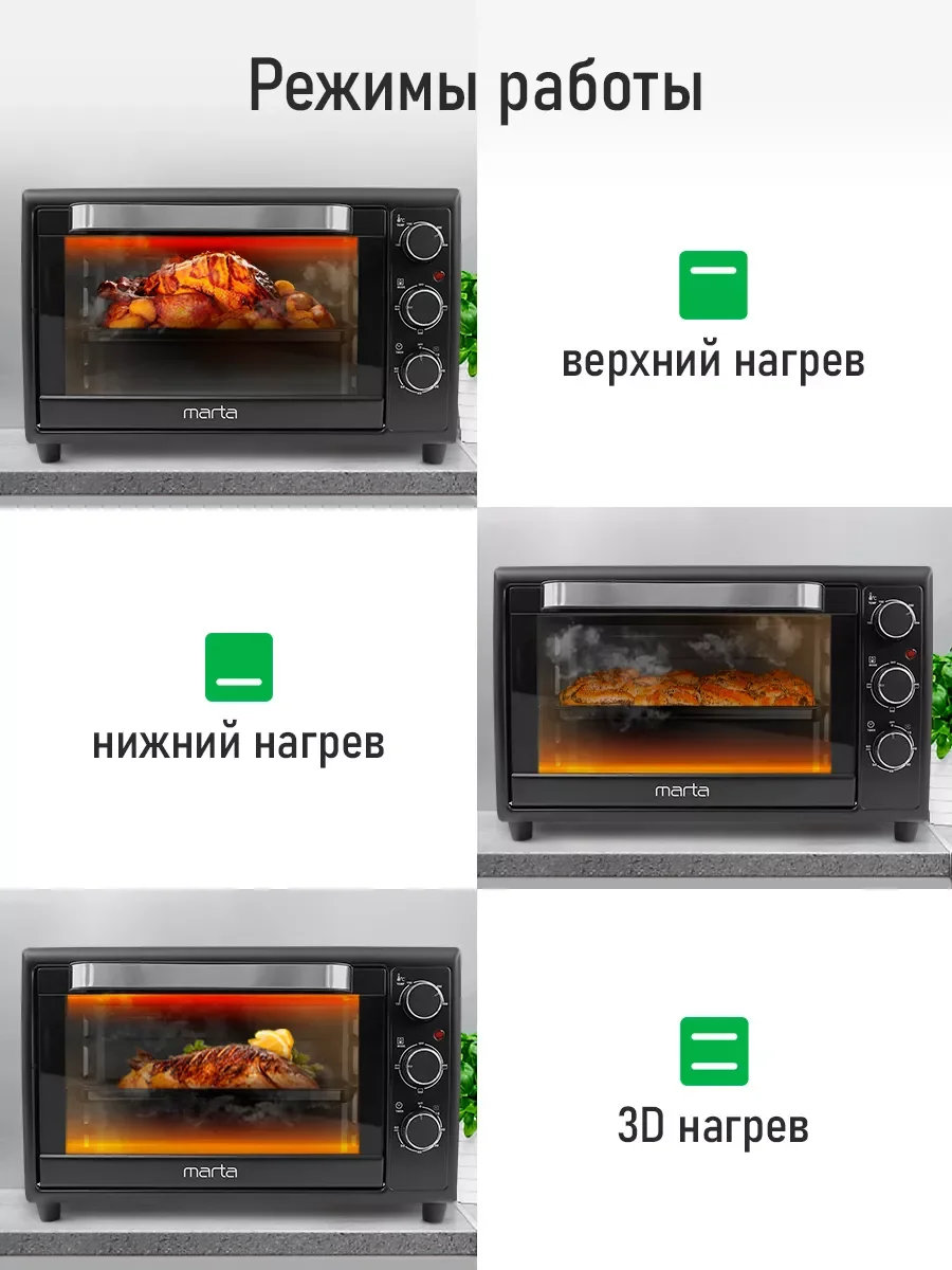 Черный духовой шкаф (Мини-печь) MARTA MT-EO4284B (35 литров, гриль, конвекция) черный жемчуг
