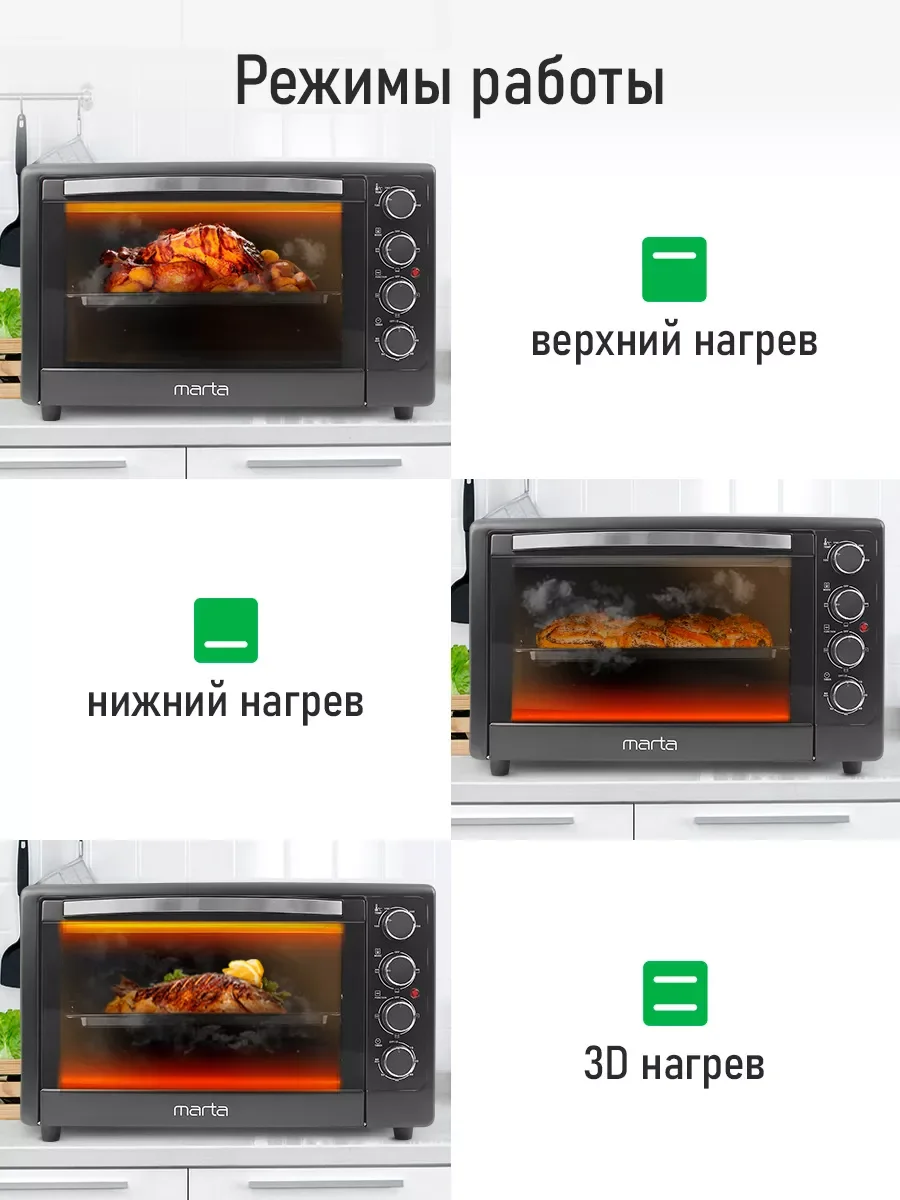 Черный духовой шкаф MARTA MT-EO4286B 2400Вт/ 50л/ аэрофритюрница/ шашлычница/ вертел