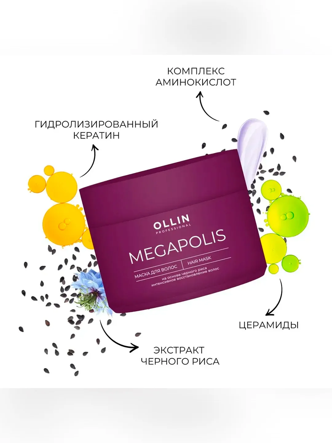 Маска для восстановления волос OLLIN PROFESSIONAL MEGAPOLIS, черный рис, 300 мл