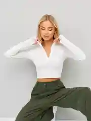 Белый топ укороченный с молнией / лонгслив с длинным рукавом