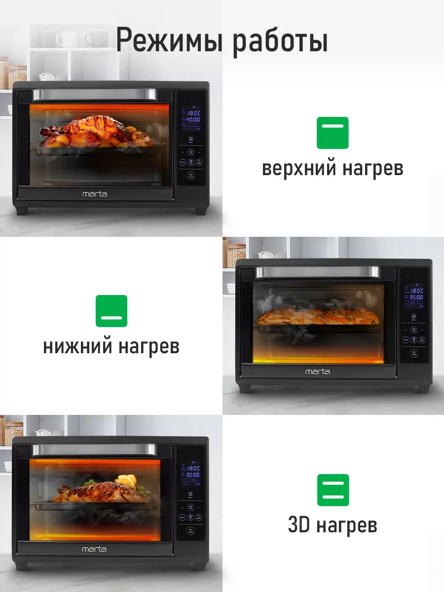 Черный духовой шкаф MARTA MT-EO4285A/ 2400Вт/ 40л/ 8 авторежимов/ черный жемчуг