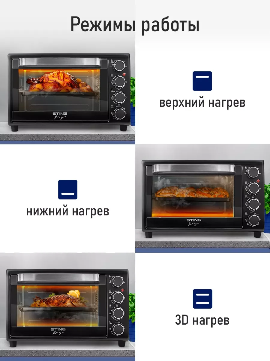 Серый духовой шкаф STINGRAY ST-EO103A (30 литров, 12 режимов + шашлычница + вертел) черный/сталь