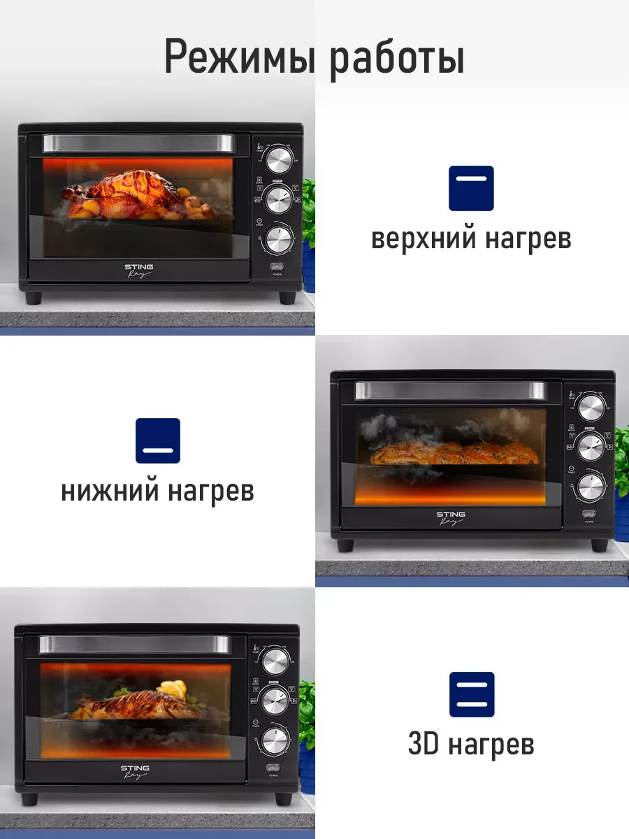 Черный духовой шкаф STINGRAY ST-EO112A (32 литра, 5 режимов, вертел, аэрогриль, конвекция)