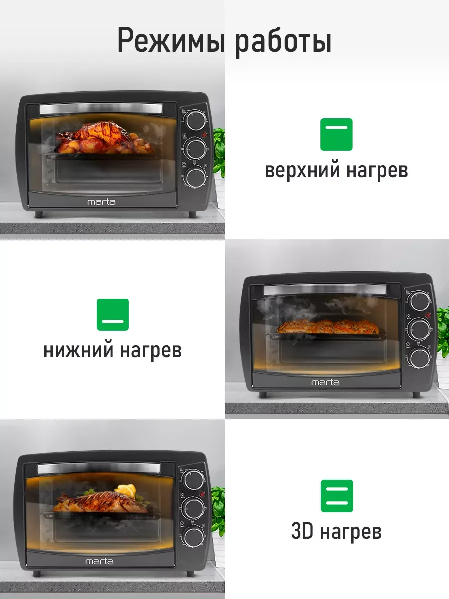 Черный духовой шкаф (Мини-печь) MARTA MT-EO4295C (23 литра, ВЕРТЕЛ+ КОНВЕКЦИЯ) черный жемчуг