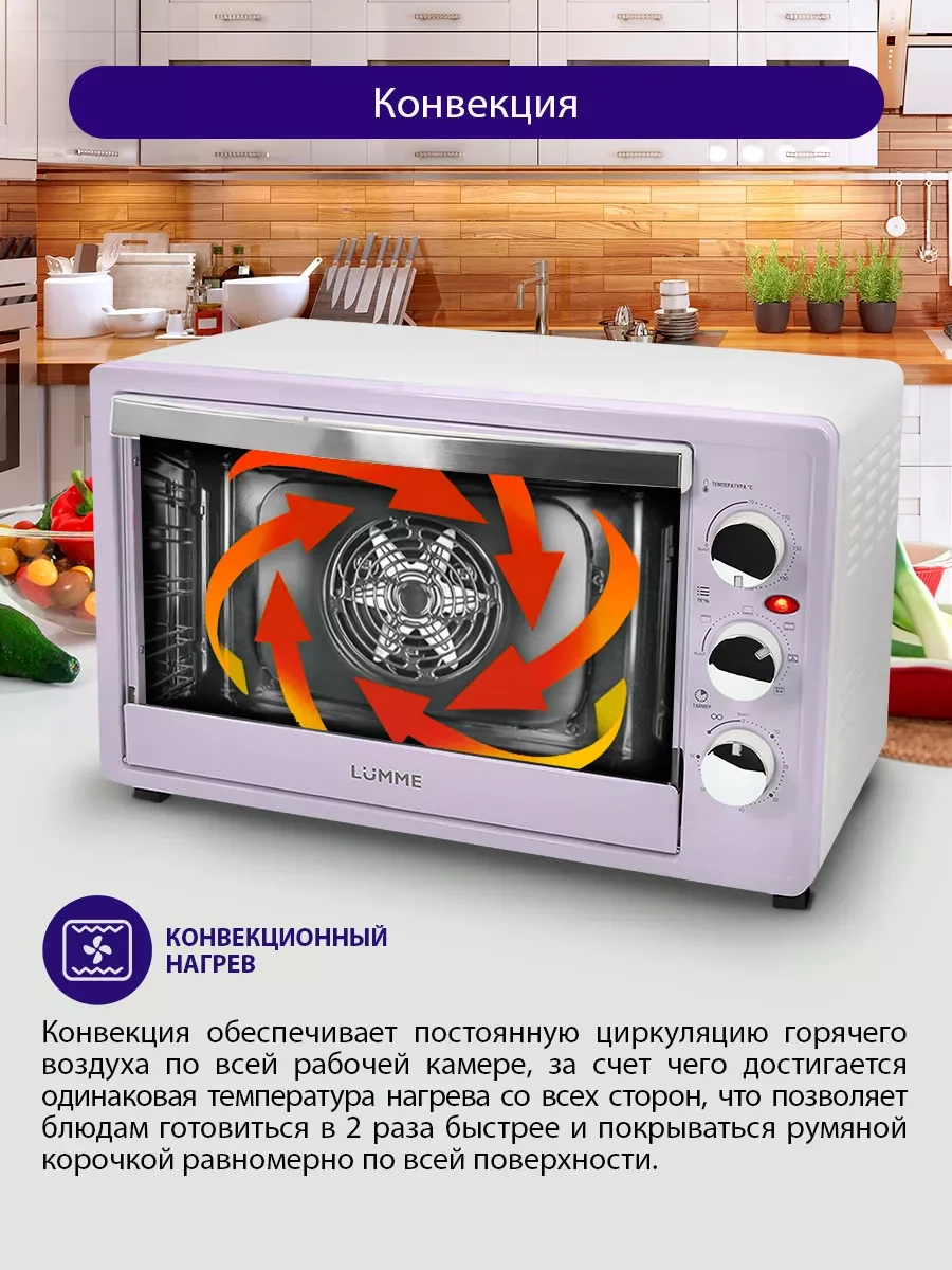 Белый духовой шкаф LUMME LU-1710 (33 литра, КОНВЕКЦИЯ + ВЕРТЕЛ + ГРИЛЬ) лиловый аметист