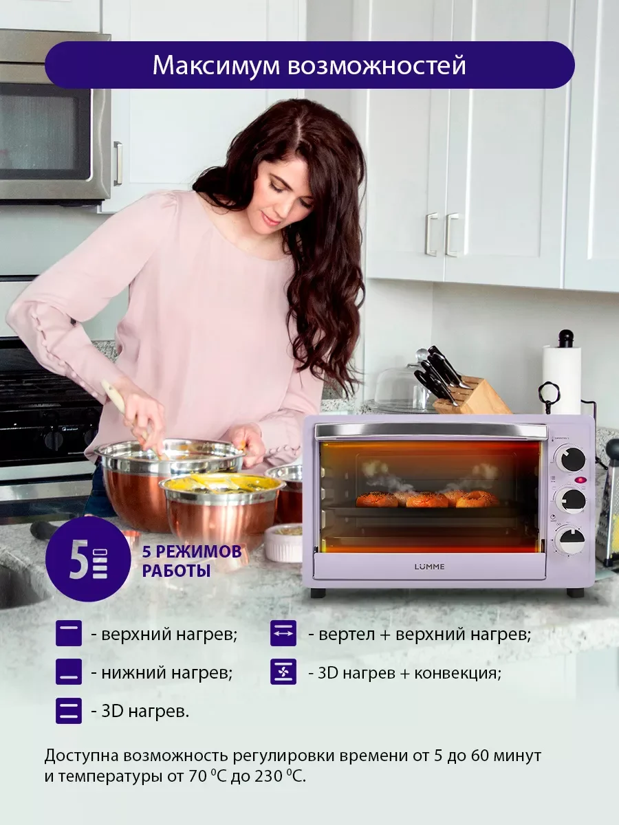 Белый духовой шкаф LUMME LU-1710 (33 литра, КОНВЕКЦИЯ + ВЕРТЕЛ + ГРИЛЬ) лиловый аметист