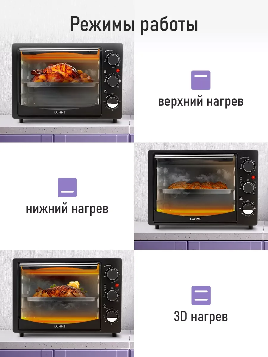 Черный духовой шкаф LUMME LU-EO1714B/ 1600 Вт/ Объем: 23 л/ Конвекция/ 5 режимов работы