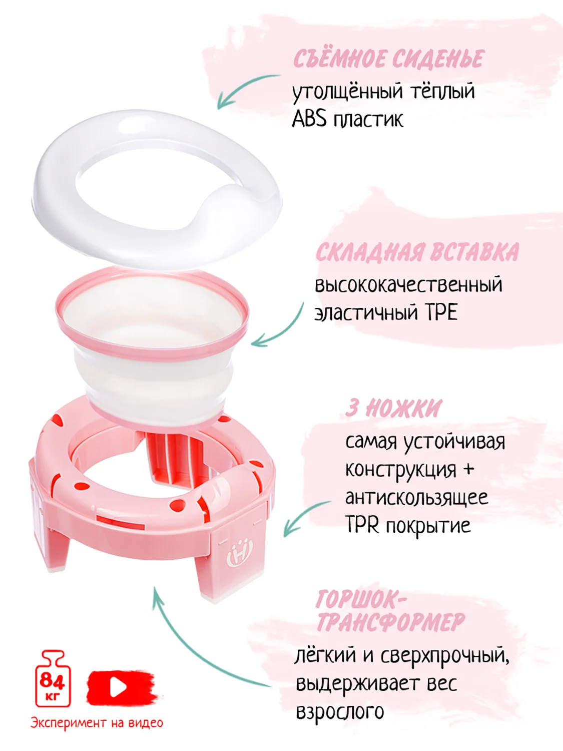 Розовый горшок детский складной 3в1, дорожный горшок, накладка на унитаз