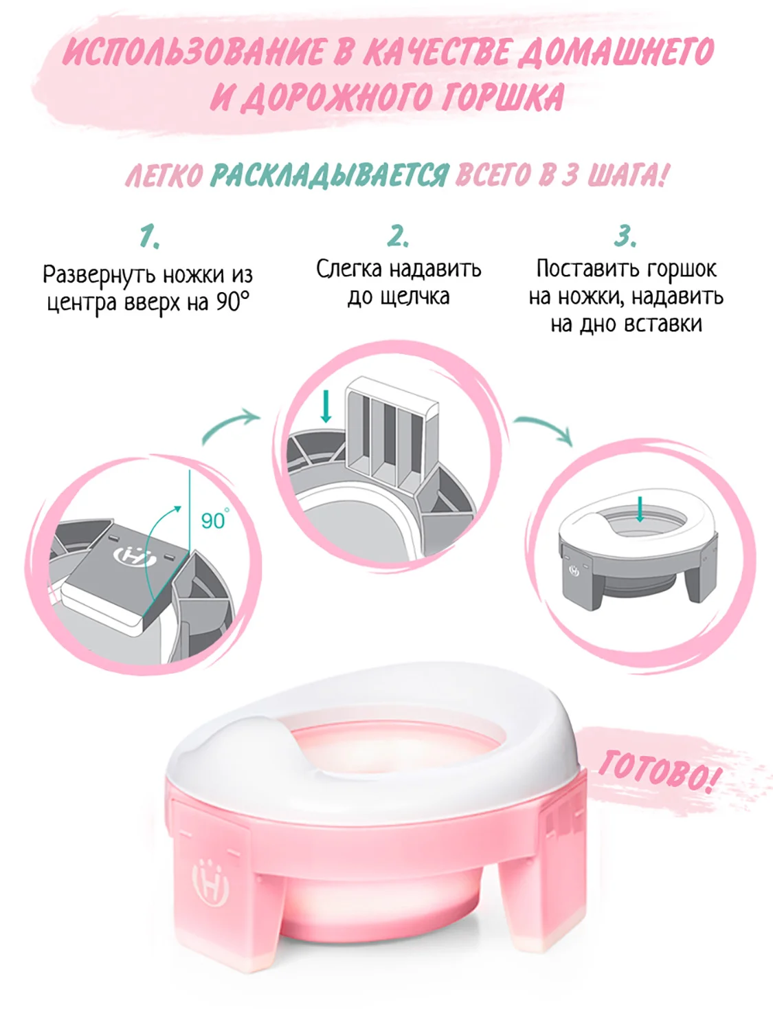 Розовый горшок детский складной 3в1, дорожный горшок, накладка на унитаз