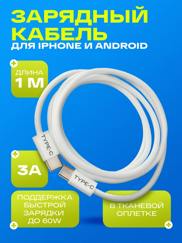 Кабель зарядный для Apple iPhone и Android Type-C / Type-C, тайпси, с быстрой зарядкой