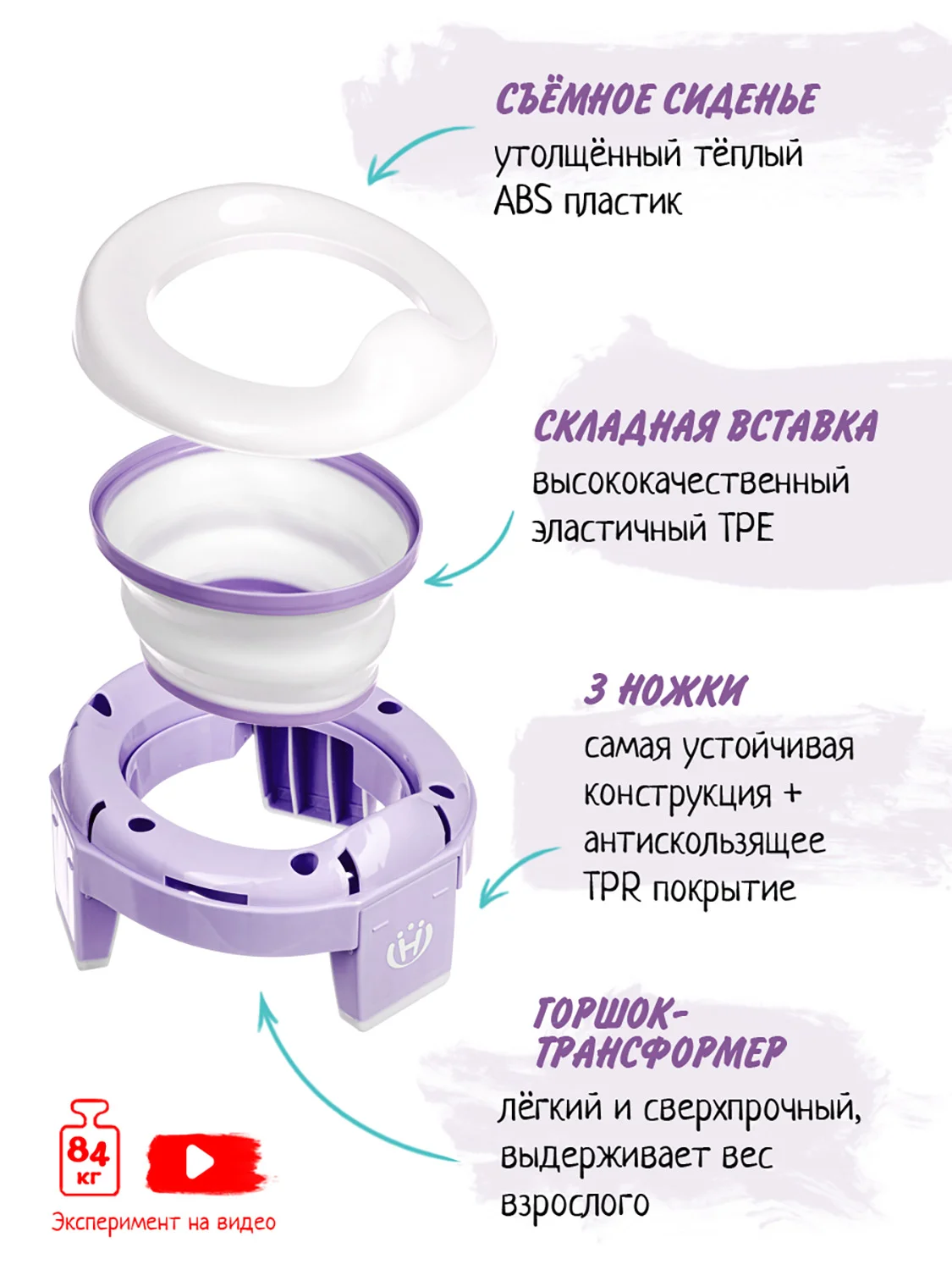 Лавандовый горшок детский складной 3в1, дорожный горшок, накладка на унитаз