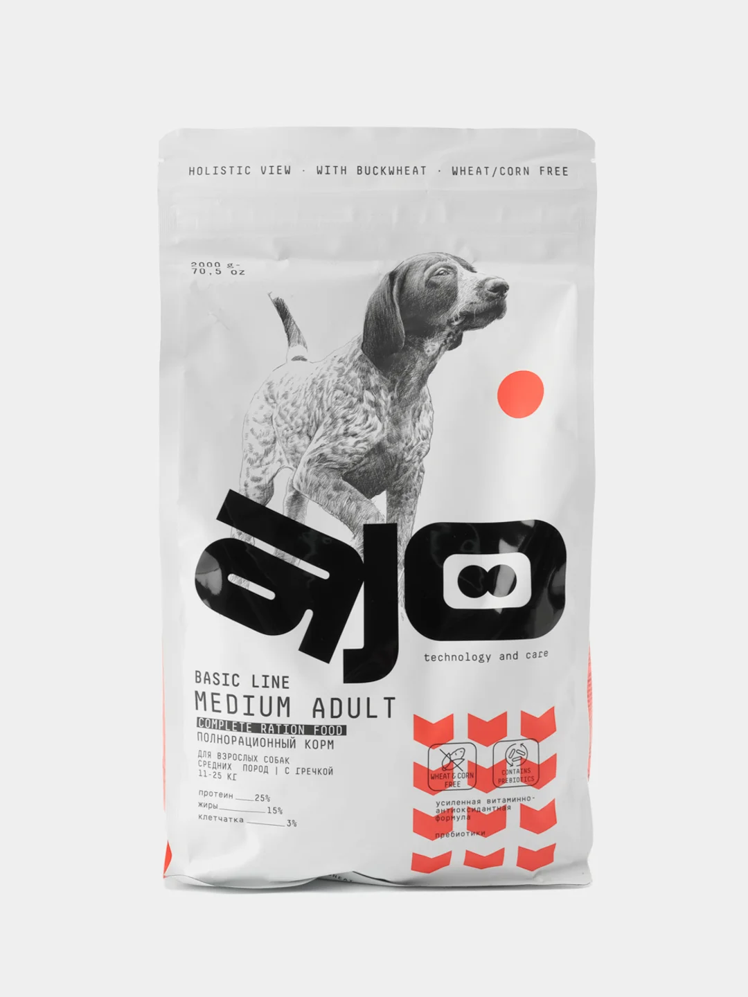 Сухой Pro корм для взрослых собак средних пород АЙО (AJO) Dog Medium Adult с гречкой